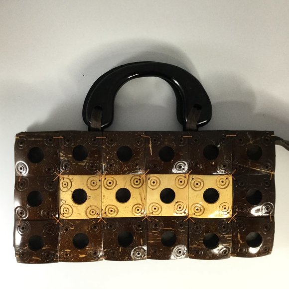 WNW Coconut Shell Woven Patchwork Purse Coconut - Picture 1 of 6